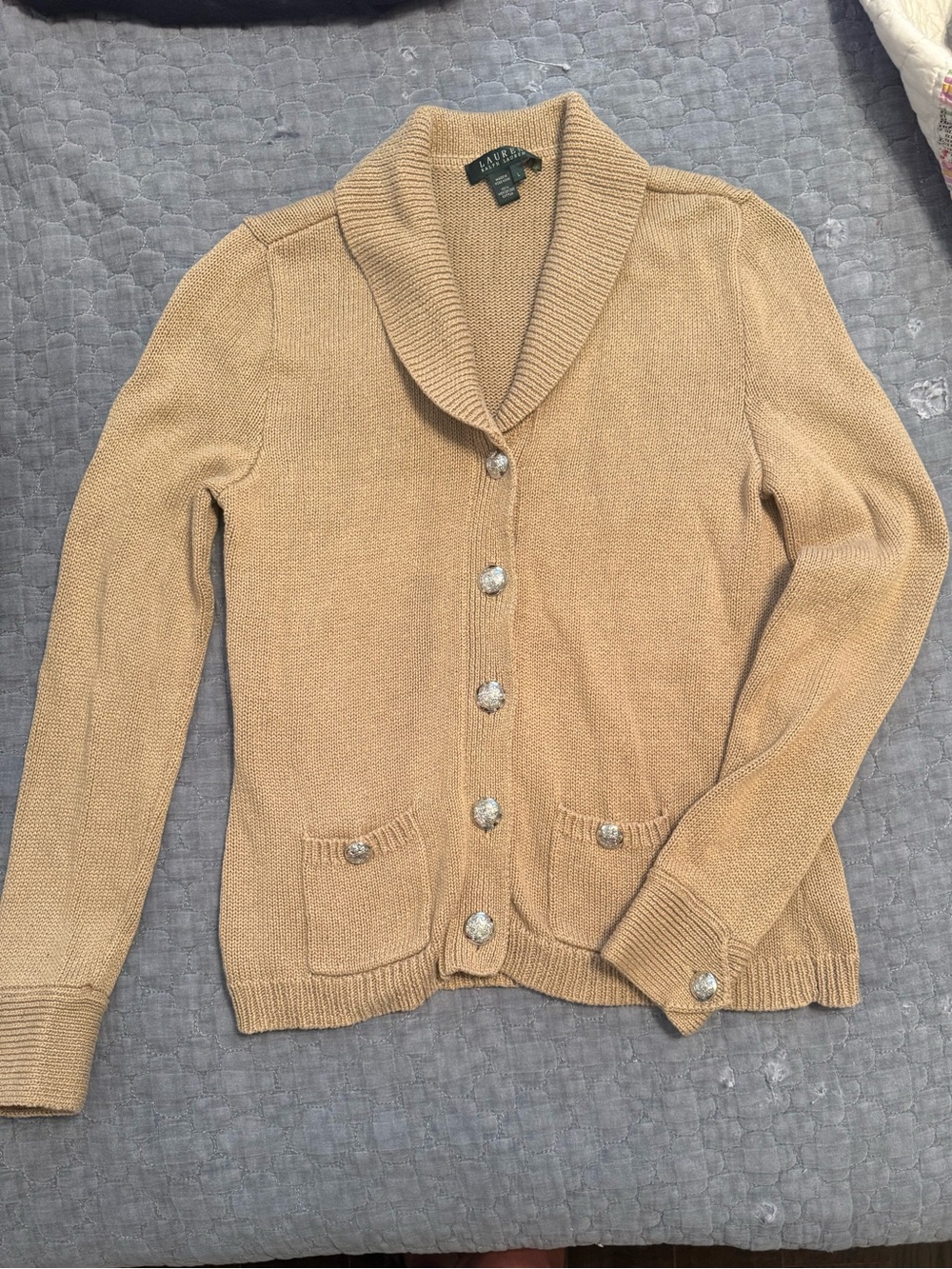 Lauren Ralph Lauren Tan Shawl-Collar Button Cardigan